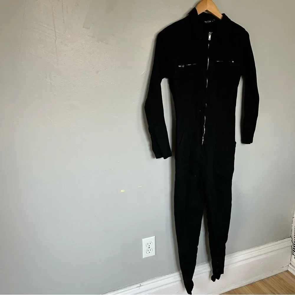 Nasty Gal Black Denim Jumpsuit Womens Medium Wide Leg Utility Romper - Picture 2 of 9